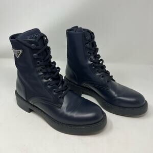 Prada Brushed Leather Monolith Re-Nylon Navy Combat Boot Triangle Logo size 39